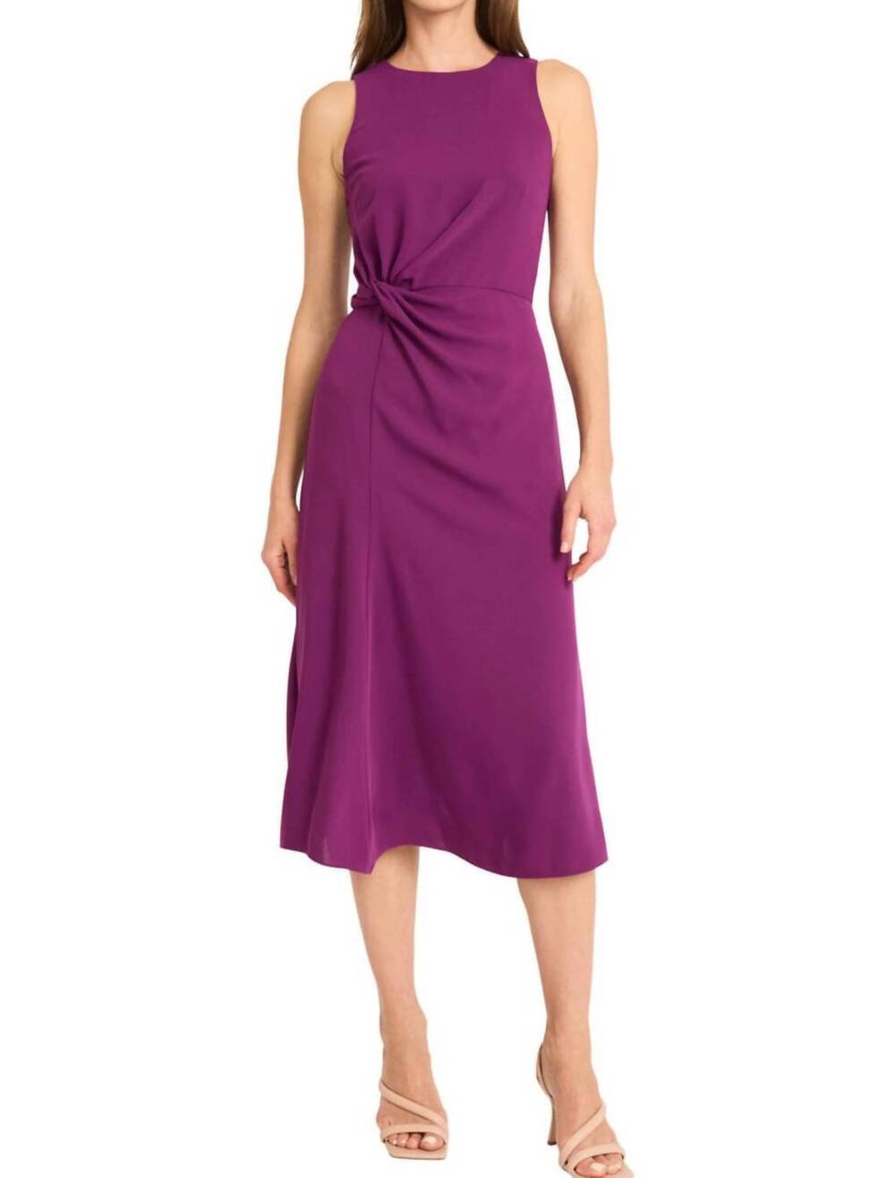 NEW MAGGY LONDON twisted side-waist sleeveless midi dress in plum caspia
